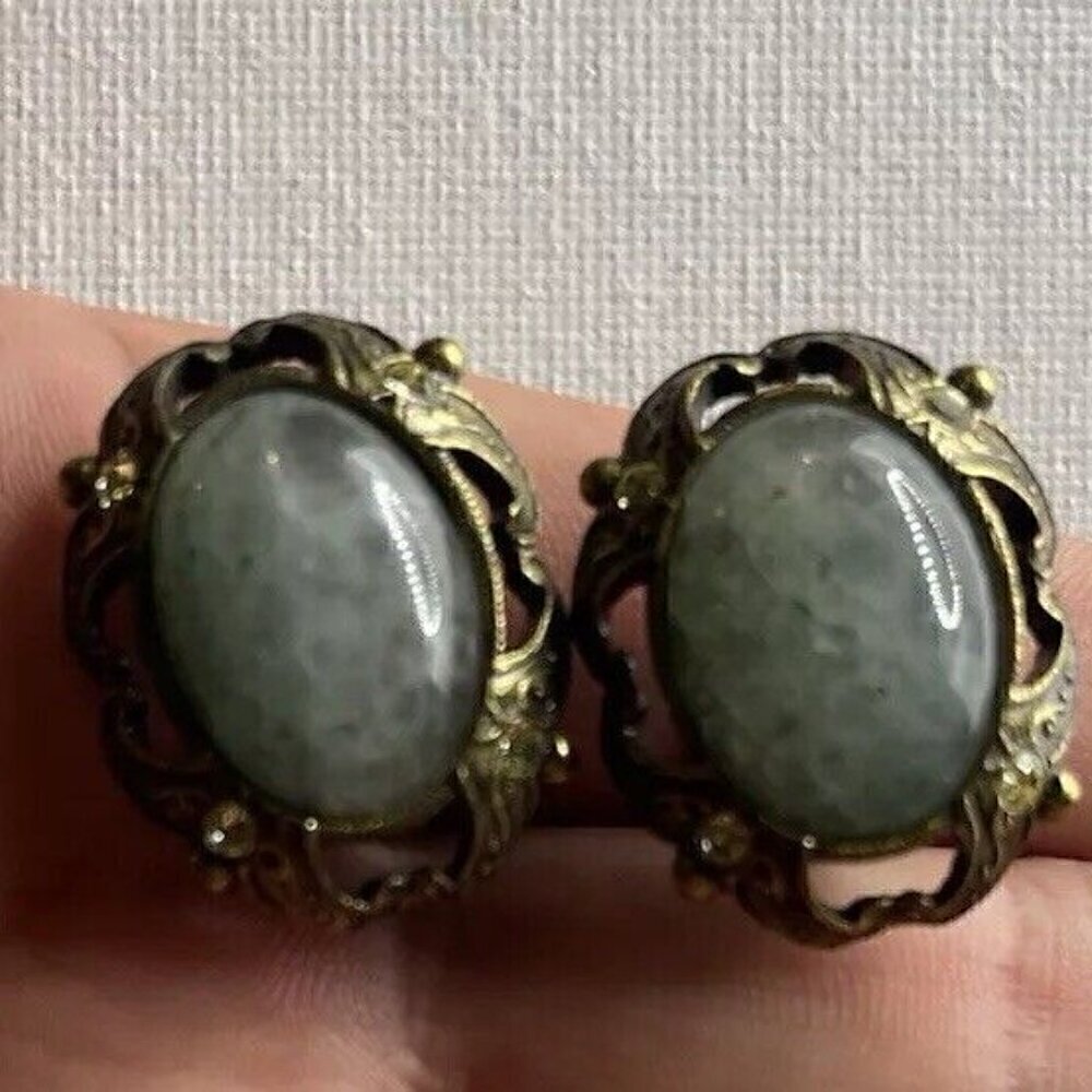 Vintage Moss Green Jade Clip On Earrings Oval Gold Tone White Stones Estate Pcs